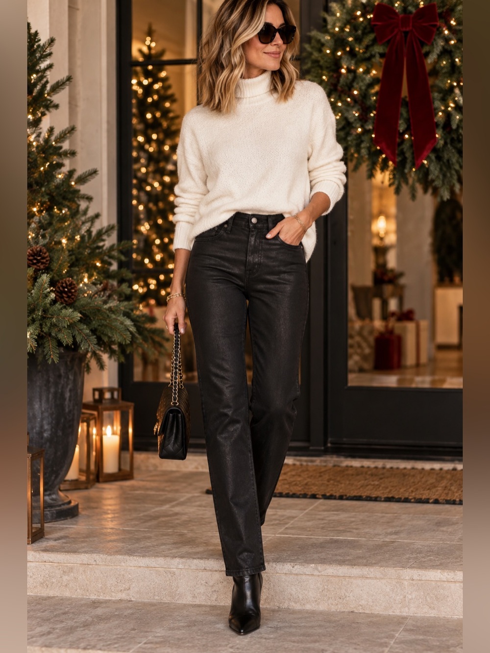 Good American Black Waxy Coated High Rise Straight Leg Jeans 4/27 holiday party
